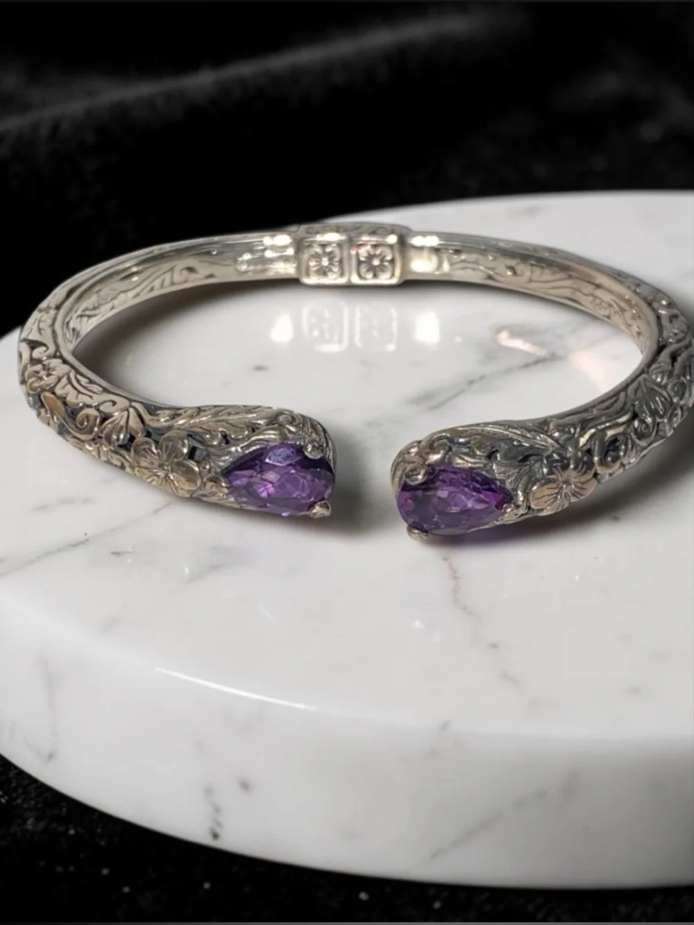Estate Embossed Sterling Silver 925 Amethyst Cuff Hinged Bangle Bracelet! - Picture 10 of 16